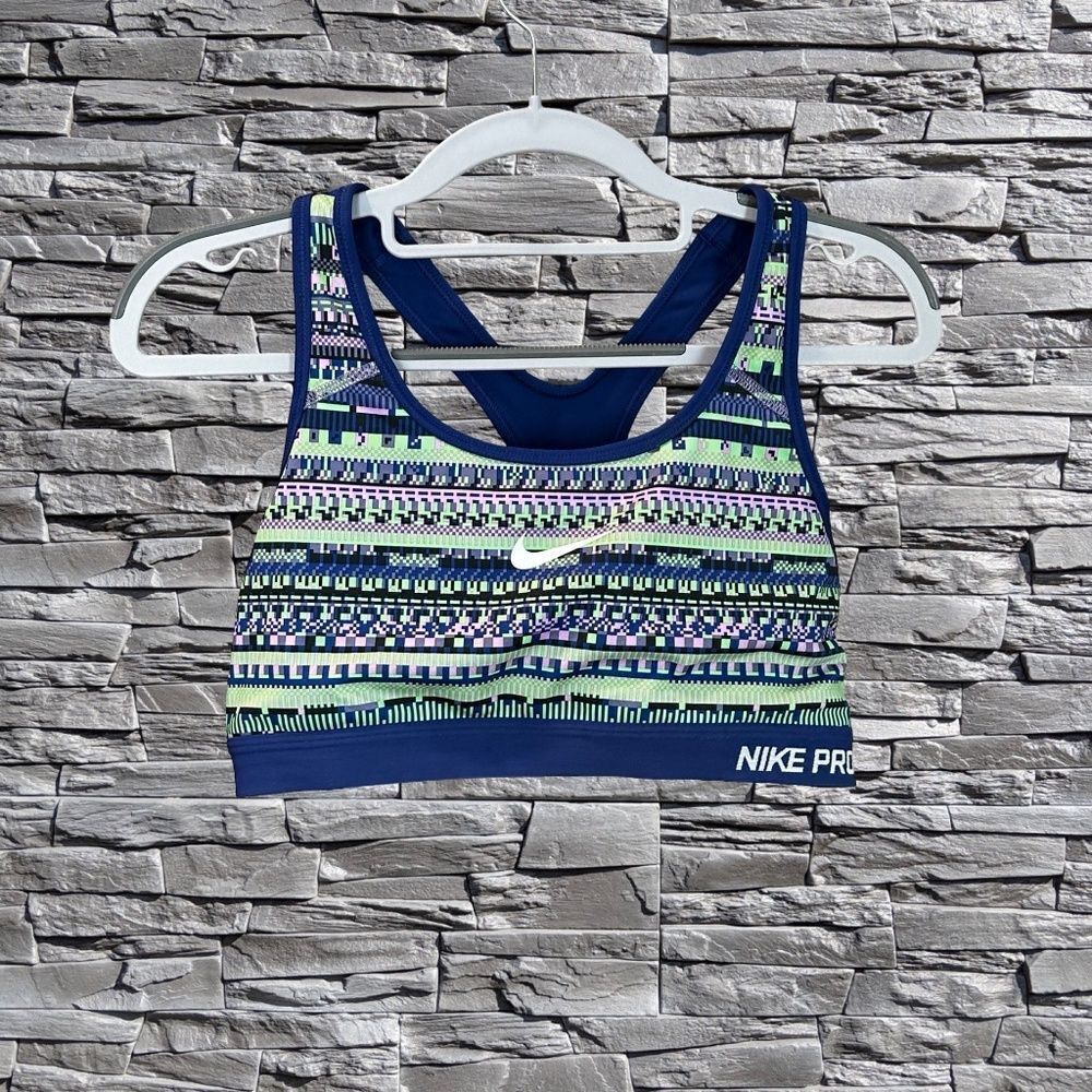 Nike Navy Blue & Lime Patterned Pro Sports Bra Large - Picture 10 of 11